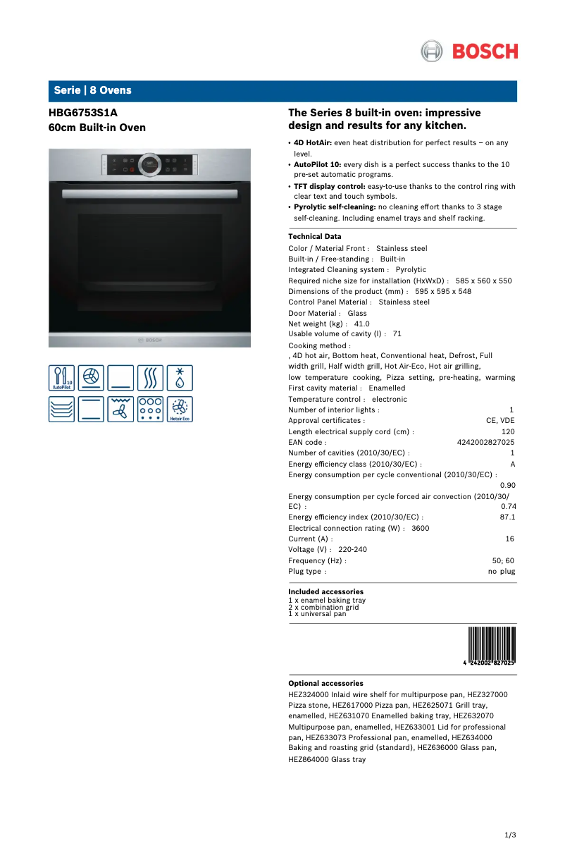 Page 1 de la notice Fiche technique Bosch HBG6753S1A