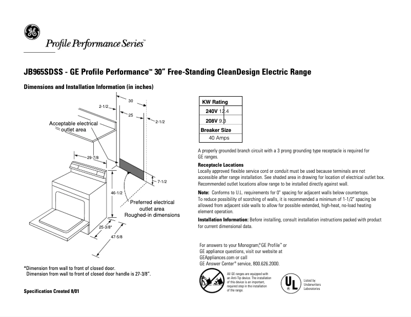 Page n°1 - Fiche technique GE Profile JB965SDSS