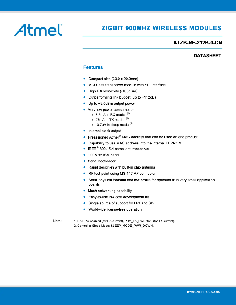 Page 1 de la notice Fiche technique Microchip ATZBRF212