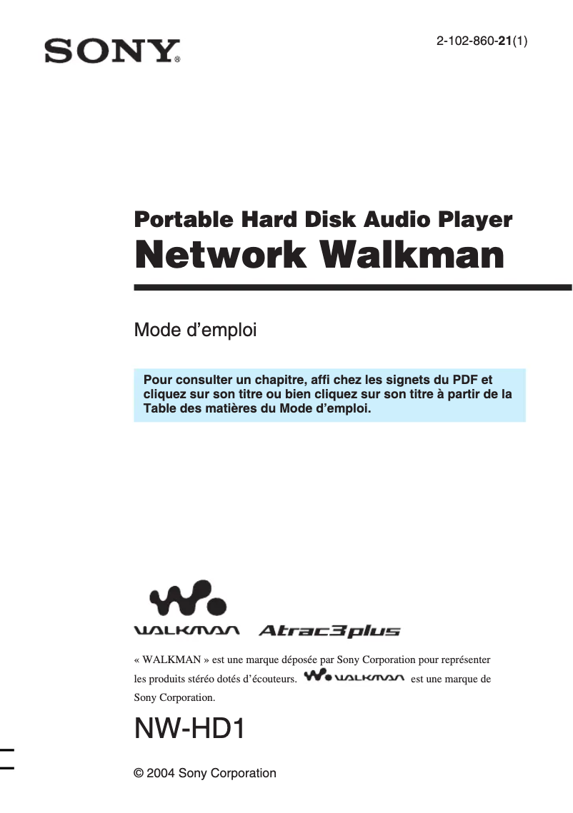 Page n°1 - Manuel utilisateur Sony NW-HD1