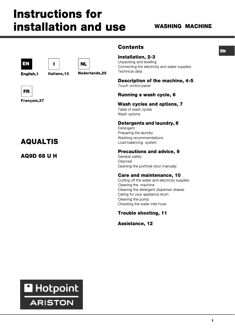Page 1 de la notice Manuel utilisateur Hotpoint Aqualtis AQ9D 68 U H