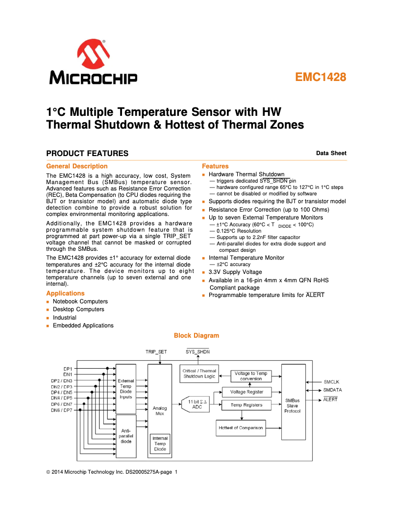 Page 1 de la notice Fiche technique Microchip EMC1428