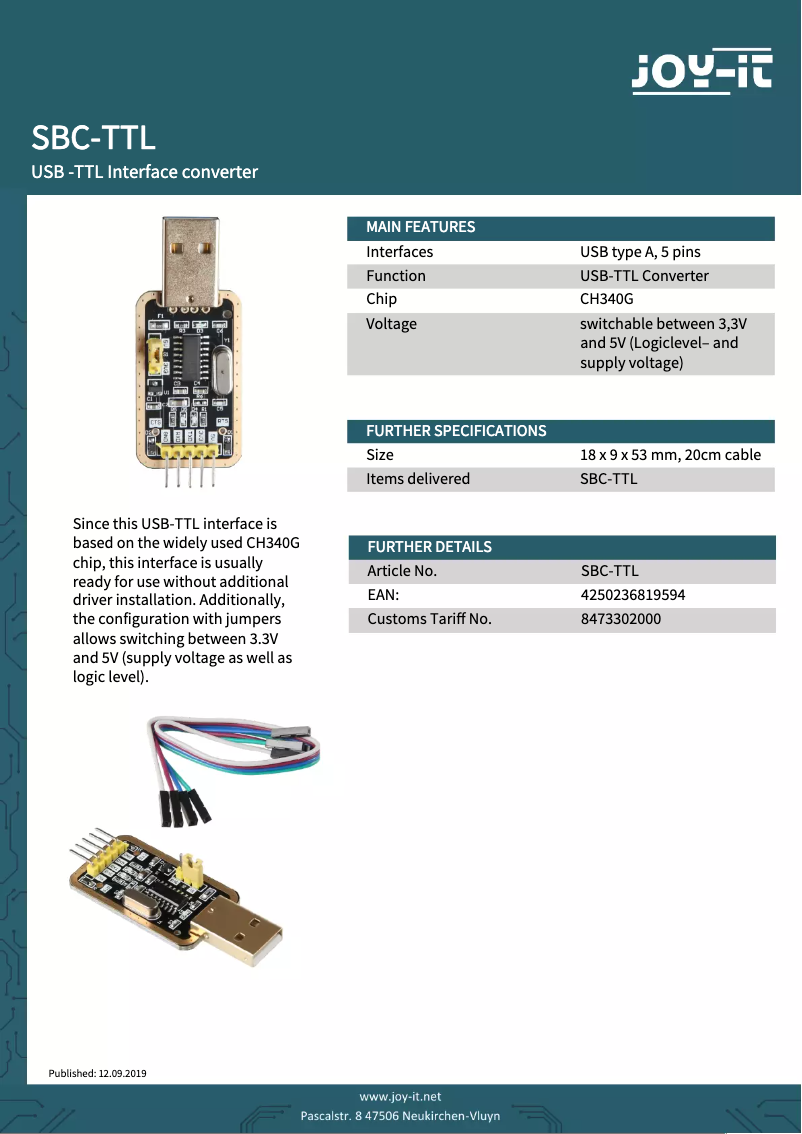 Page n°1 - Fiche technique Joy-It SBC-TTL