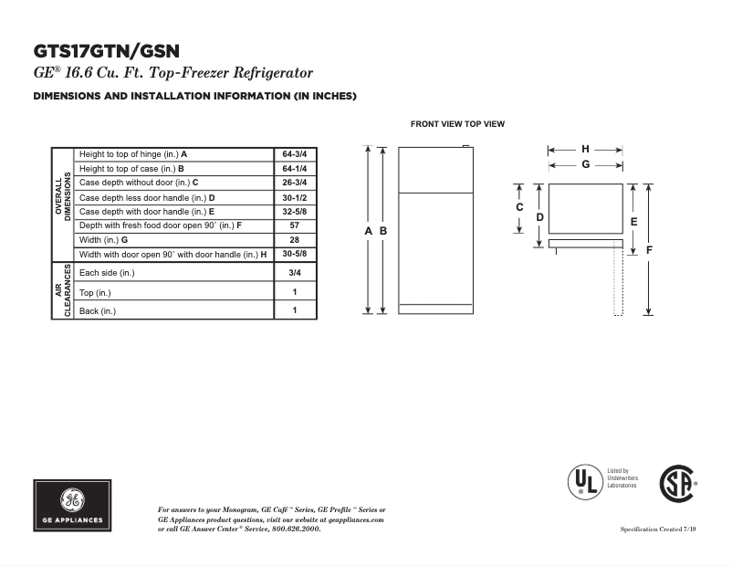 Page 1 de la notice Fiche technique GE GTS17GTNRWW