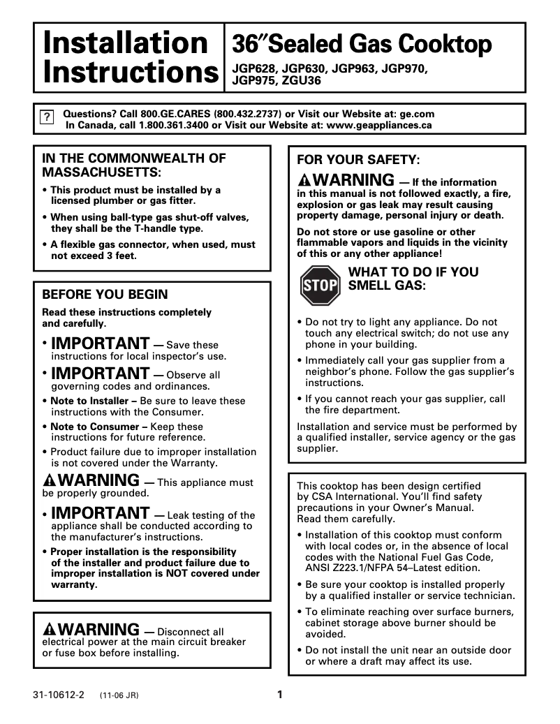 Page n°1 - Guide d'installation GE ZGU36KWKWW