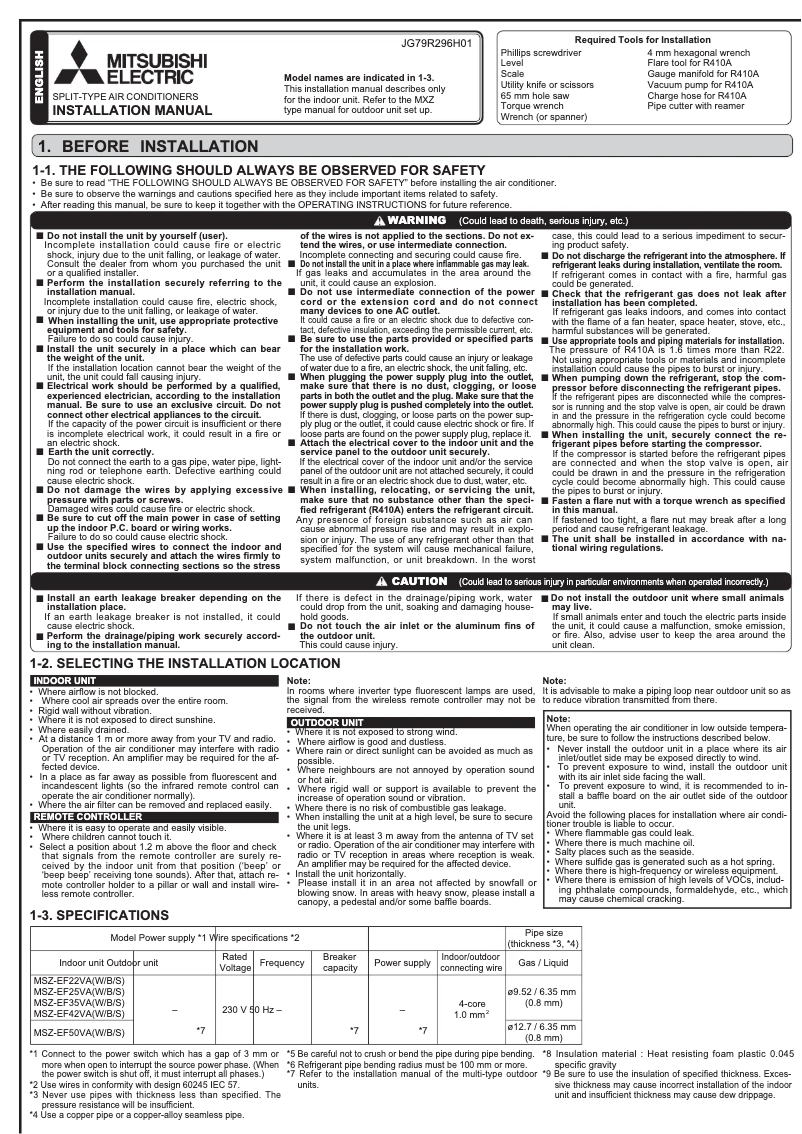 Page 1 de la notice Guide d'installation Mitsubishi MSZ-EF35VE2