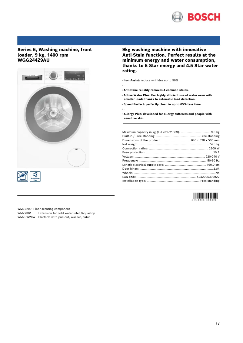 Page n°1 - Fiche technique Bosch WGG244Z9AU