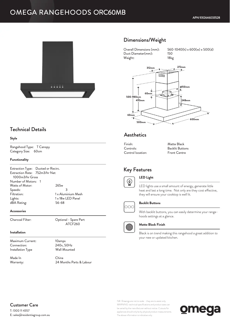 Page n°1 - Fiche technique Omega ORC60MB