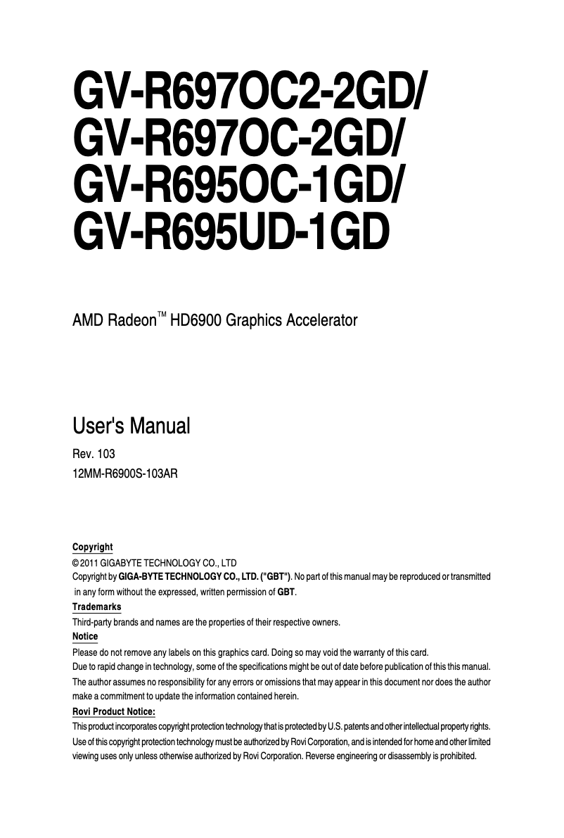 Page 1 de la notice Manuel utilisateur Gigabyte Radeon HD6970 2GB