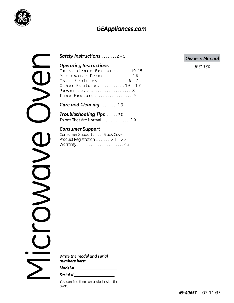 Page n°1 - Manuel d'utilisation et d'entretien GE JES1130DSBB