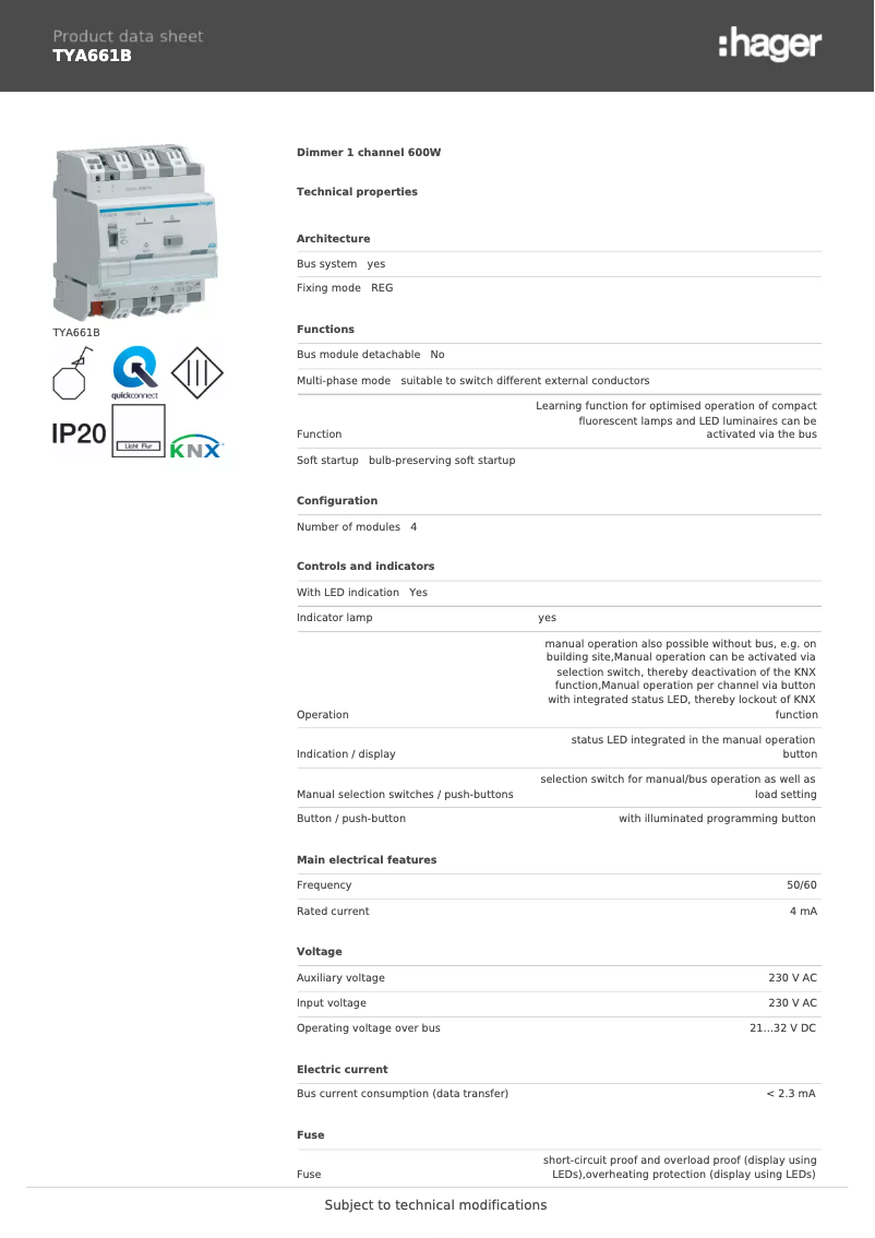 Page 1 de la notice Fiche technique Hager TYA661B