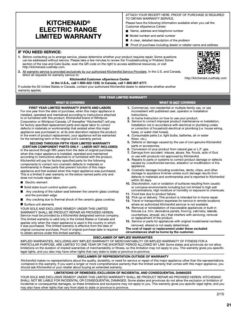 Página 1 del manual Información de garantía KitchenAid KFED500ESS