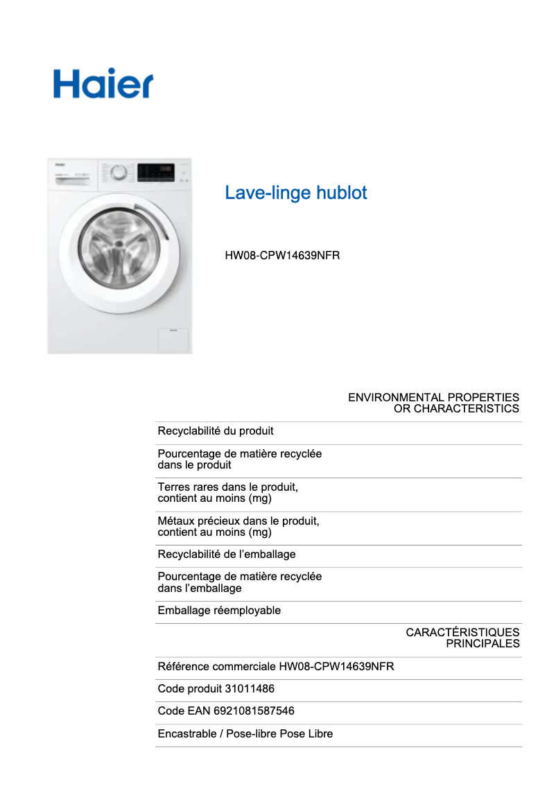 Page 1 de la notice Label énergétique Haier HW08-CPW14639N