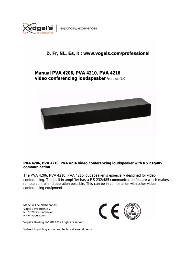 Page n°1 - Manuel utilisateur Vogel's PVA 4210