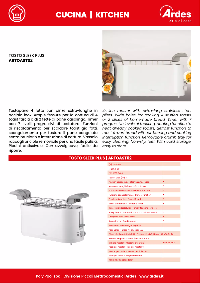 Página 1 del manual Ficha técnica Ardes Tosto Sleek Plus ARTOAST02