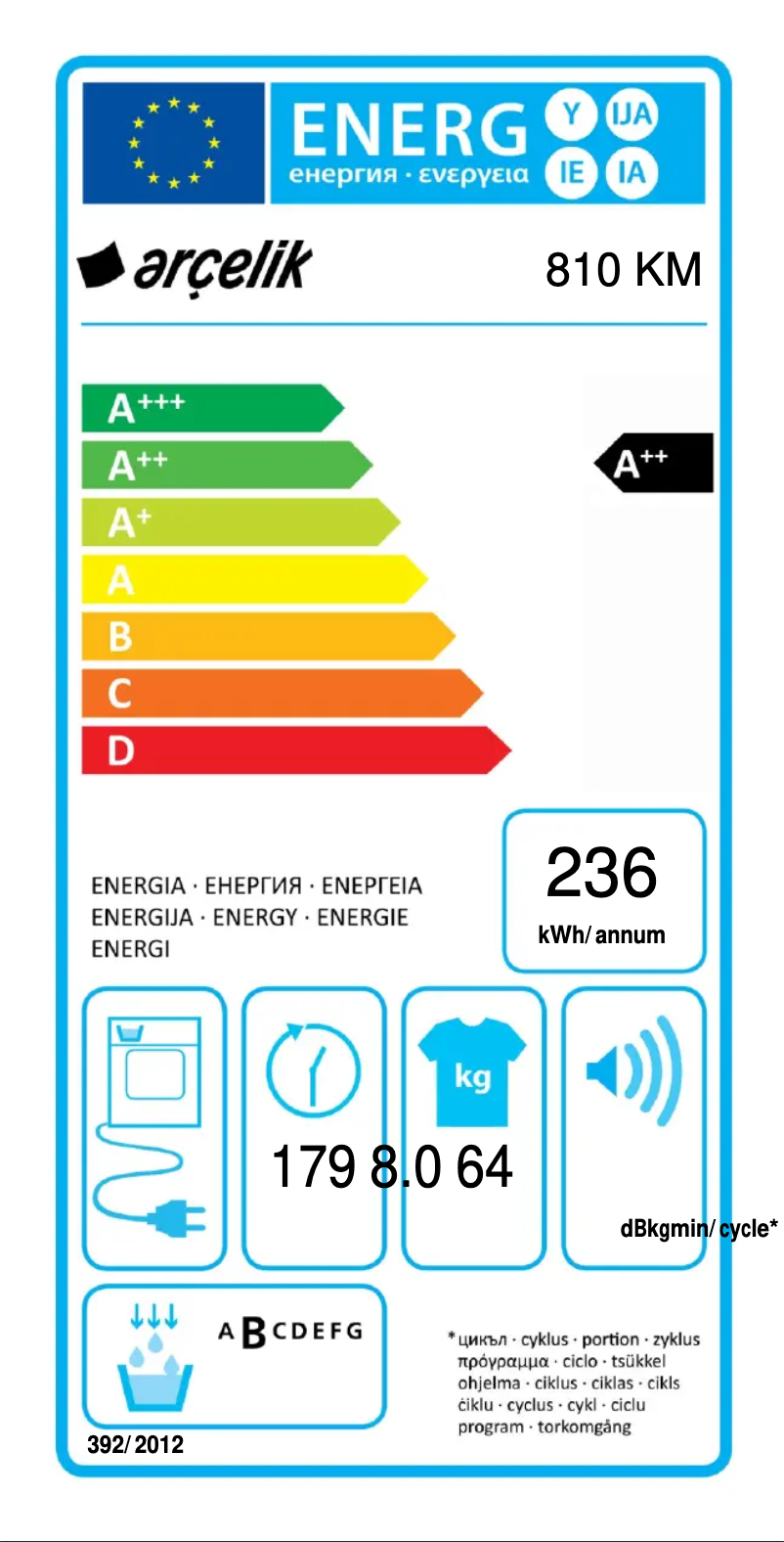 Page 1 de la notice Label énergétique Arçelik 810 KM