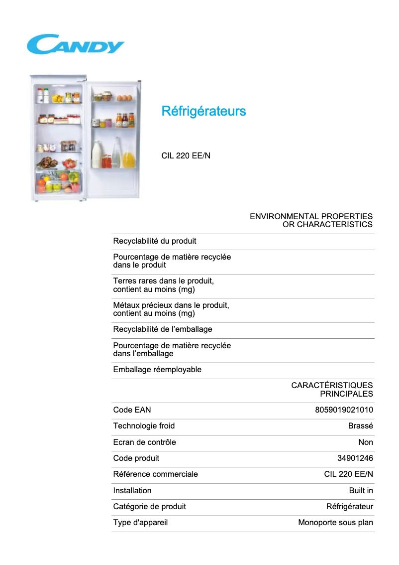 Page 1 de la notice Fiche technique Candy CIL 220 EE/N
