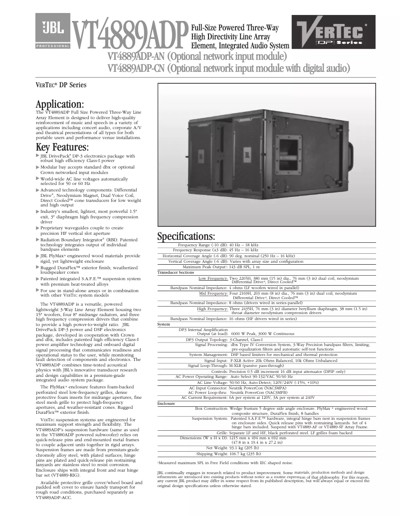 Page 1 de la notice Fiche technique JBL VT4889ADP-DA