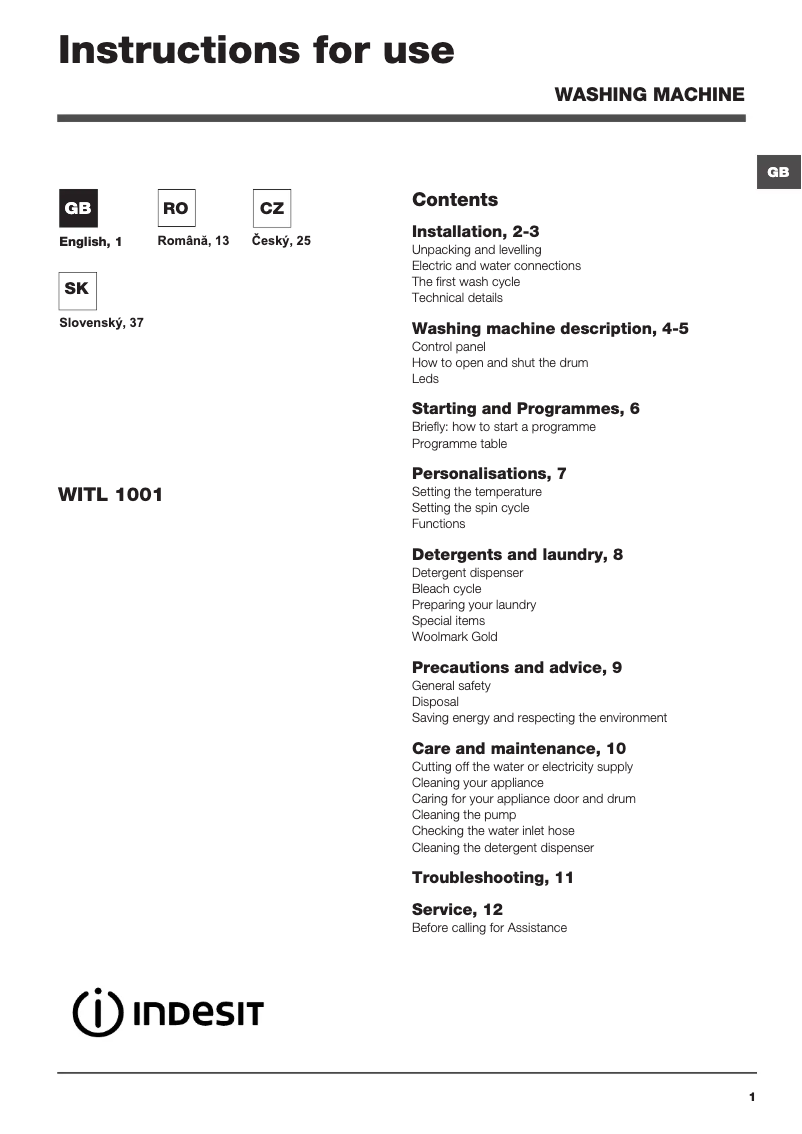 Page n°1 - Manuel utilisateur Indesit WITL 1001 (EU)