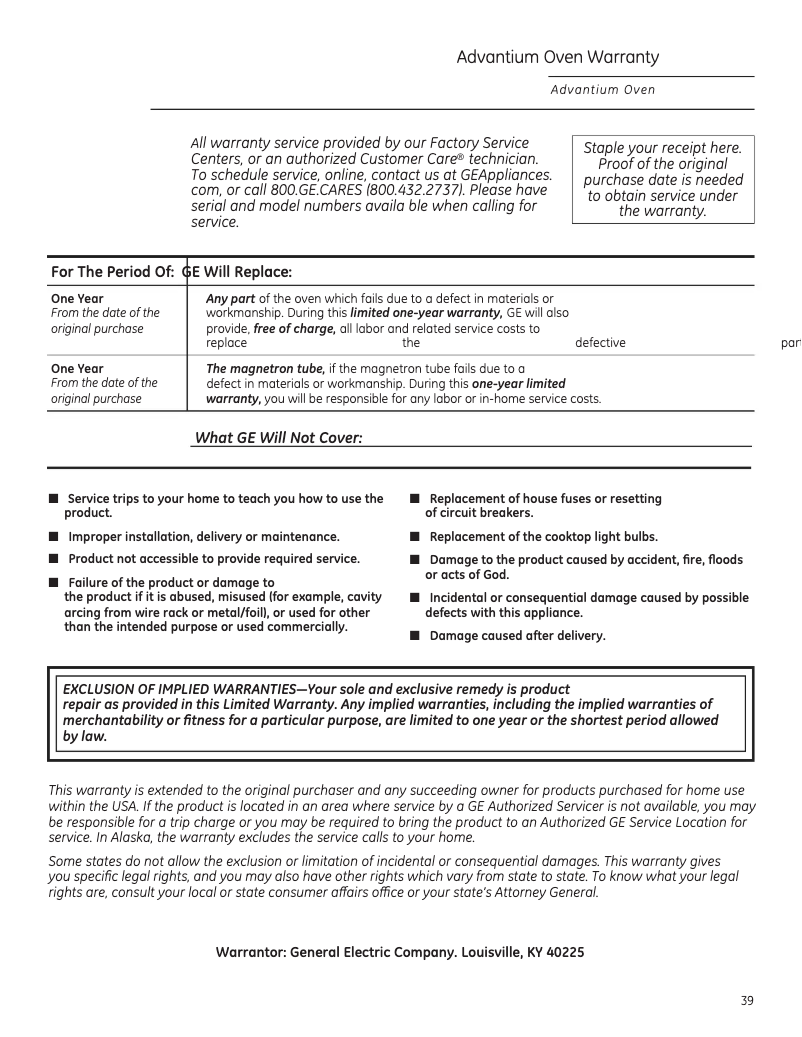 Page 1 of the manual Warranty Information GE PSB9100SFSS