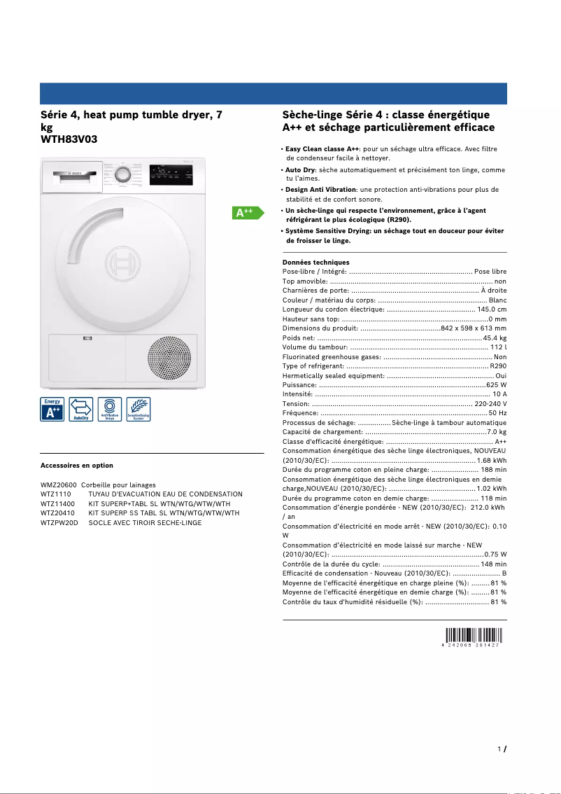 Página 1 del manual Ficha técnica Bosch WTH83V03