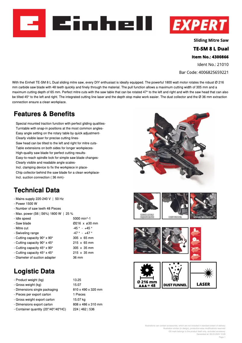 Page 1 de la notice Fiche technique Einhell TE-SM 8 L Dual