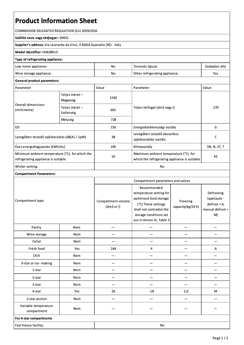 Page 1 de la notice Fiche technique Smeg FAB28RLI3