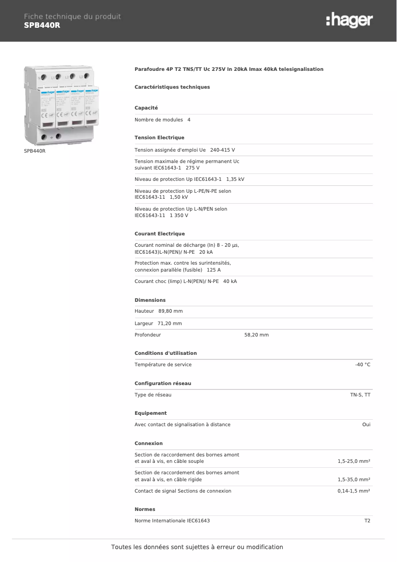 Page 1 de la notice Fiche technique Hager SPB440R