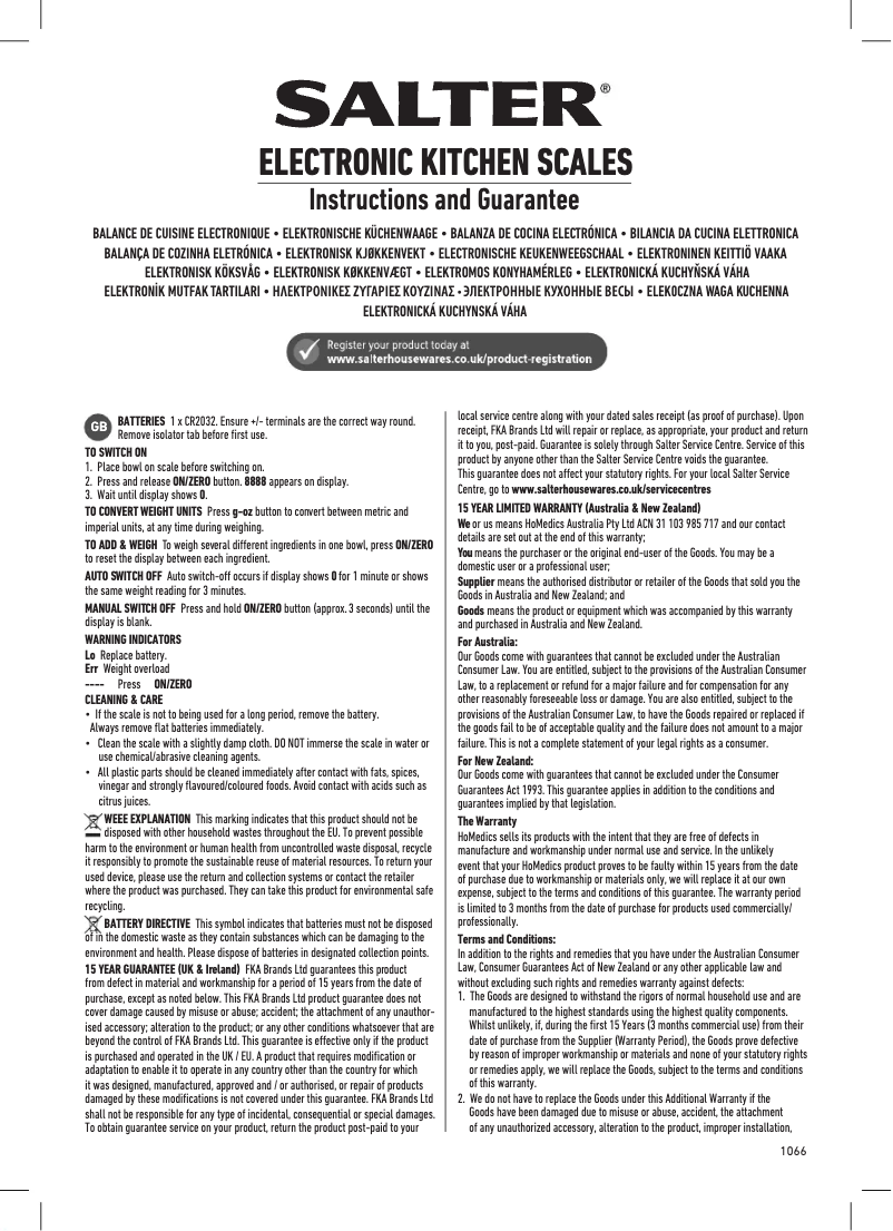 Page 1 de la notice Manuel utilisateur Salter 1066
