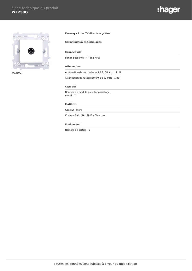 Page n°1 - Fiche technique Hager WE250G