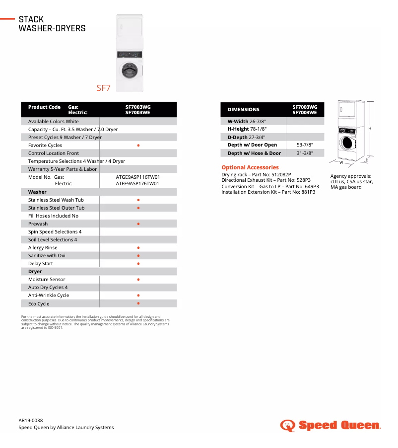 Page 1 de la notice Fiche technique Speed Queen SF7003WE