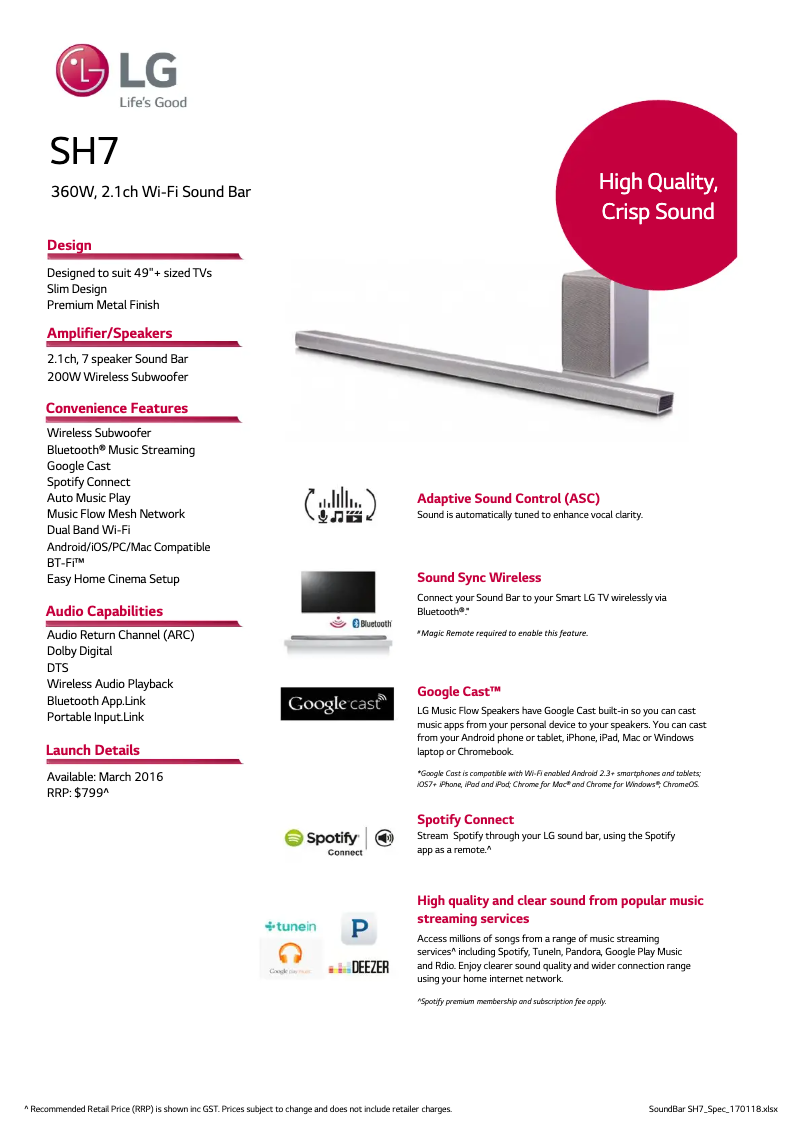 Page 1 de la notice Fiche technique LG SH7