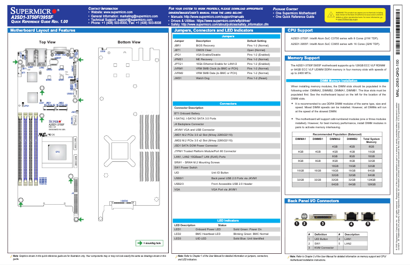 Page 1 de la notice Guide de démarrage rapide Supermicro A2SD1-3750F