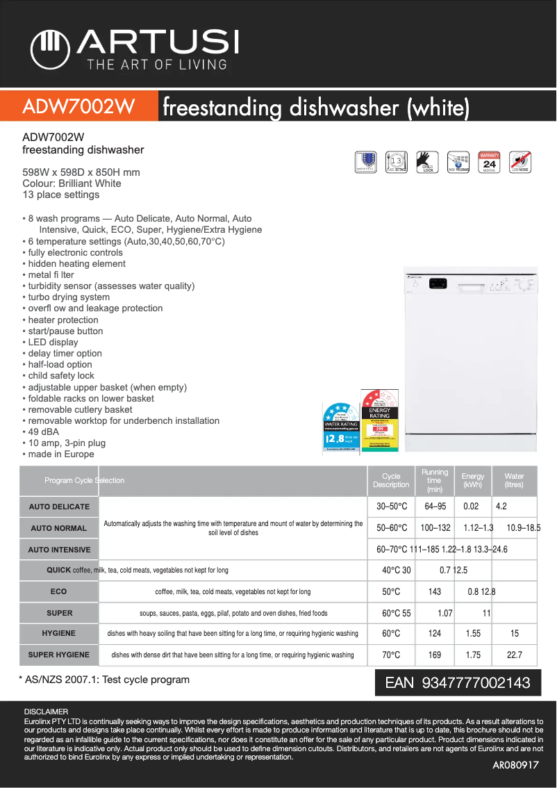 Page 1 de la notice Fiche technique Artusi ADW7002W