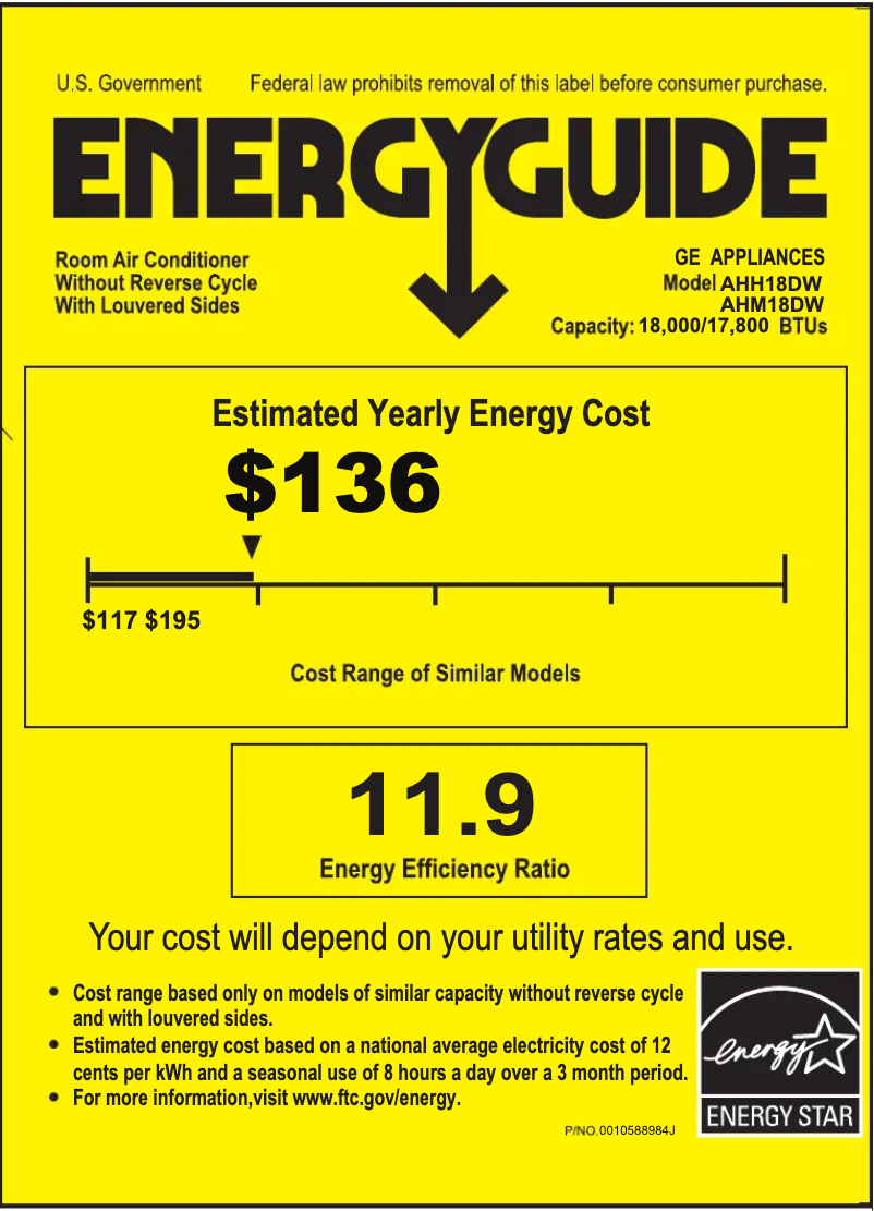 Página 1 del manual Etiqueta energética GE AHH18DW