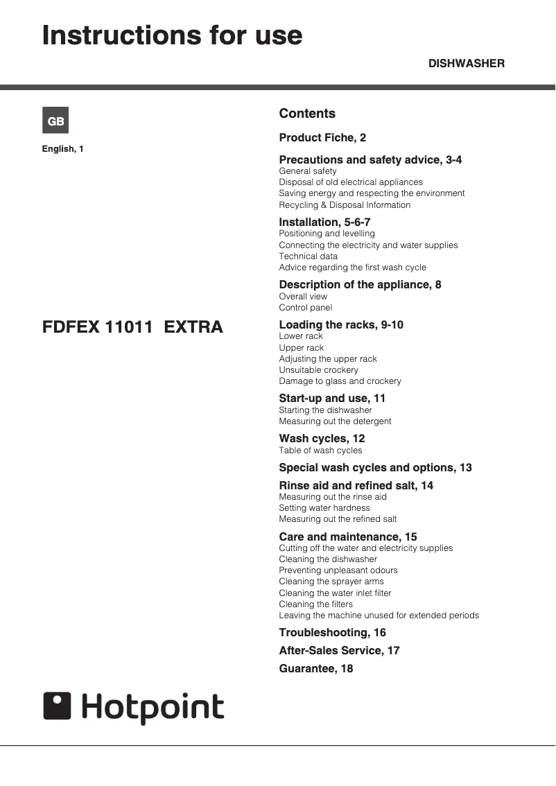 Page n°1 - Manuel utilisateur Hotpoint FDFEX11011G