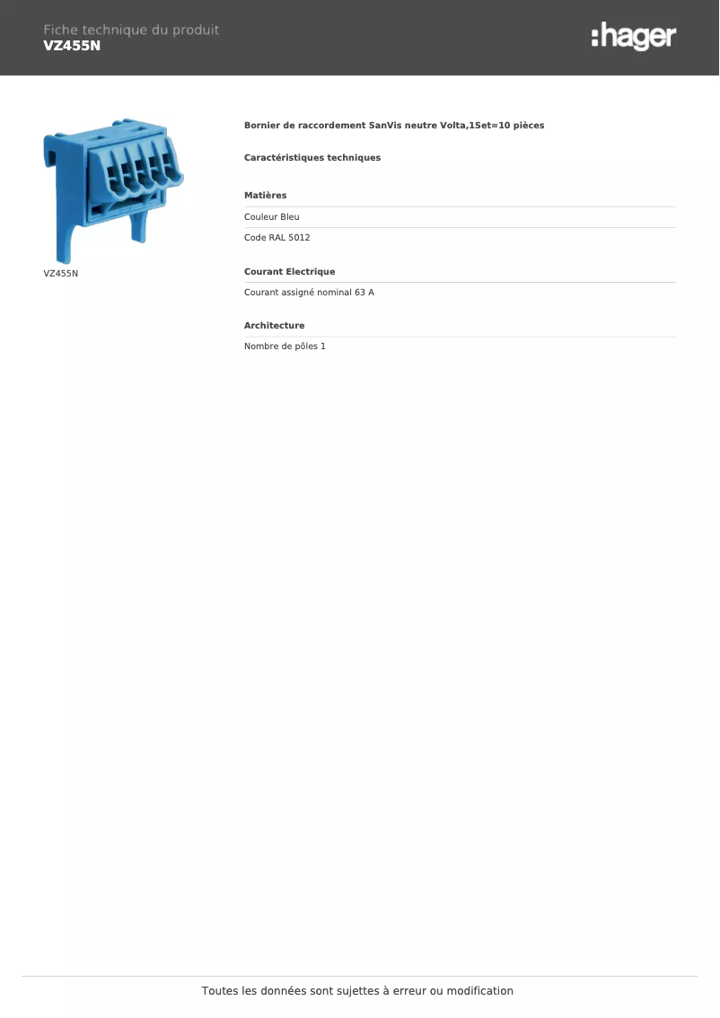 Page 1 de la notice Manuel utilisateur Hager VZ455N