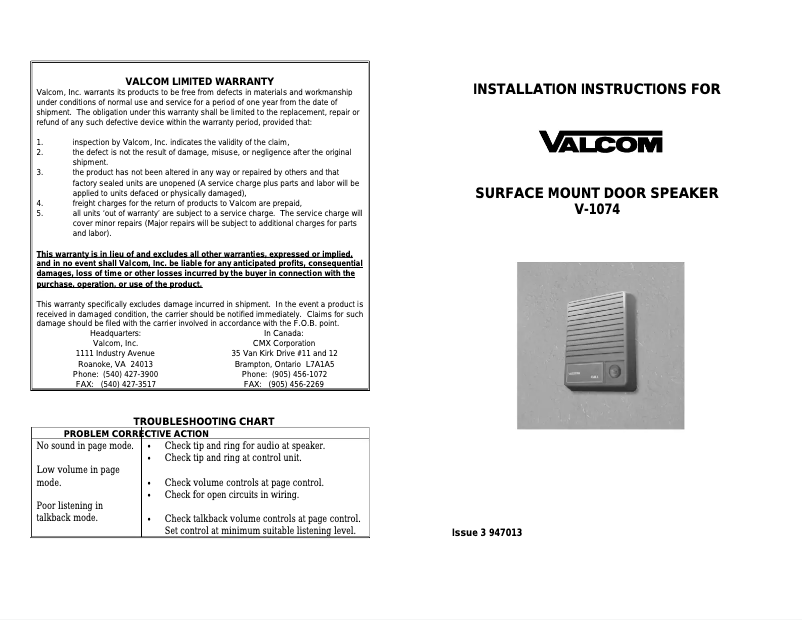 Page n°1 - Manuel utilisateur Valcom V-1074