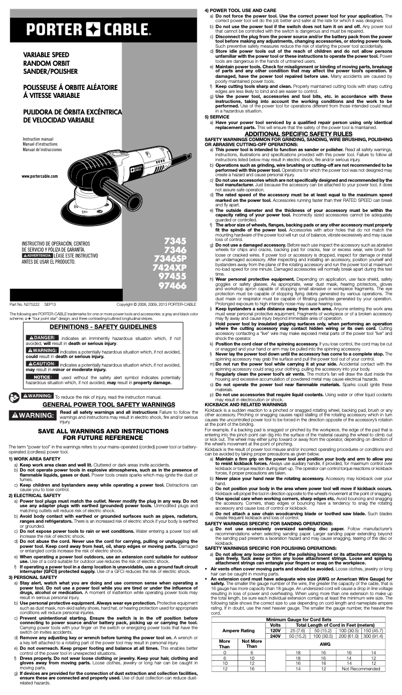 Page 1 de la notice Manuel utilisateur Porter-Cable 97466