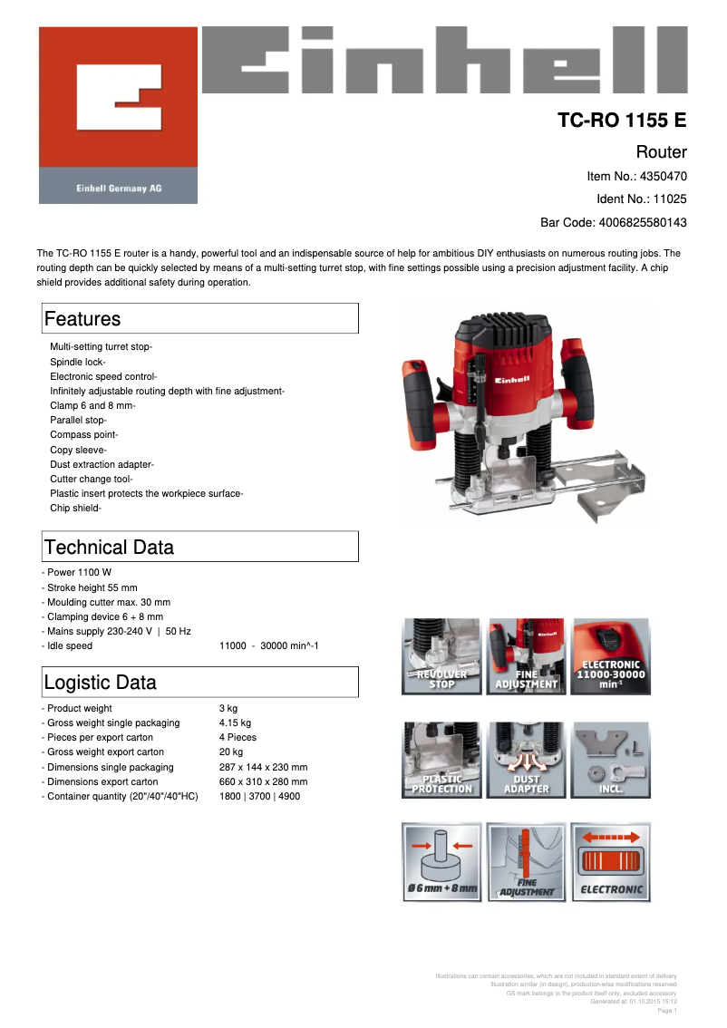 Page 1 de la notice Fiche technique Einhell TC-RO 1155 E