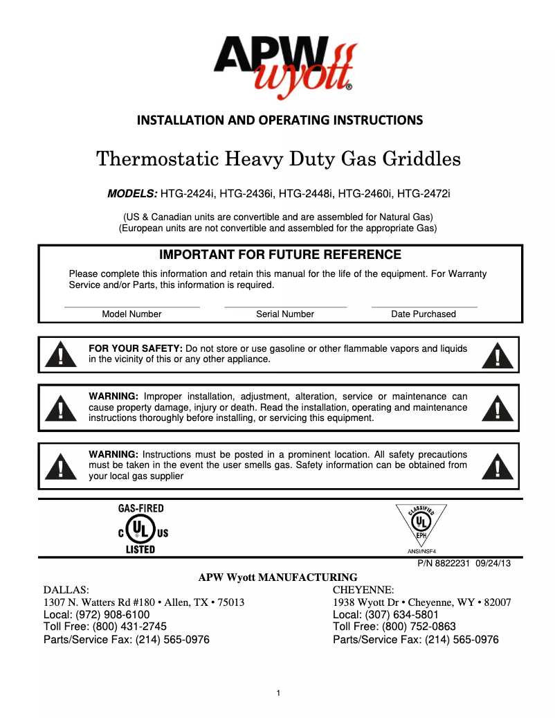 Page 1 de la notice Manuel utilisateur APW Wyott HTG-2460i