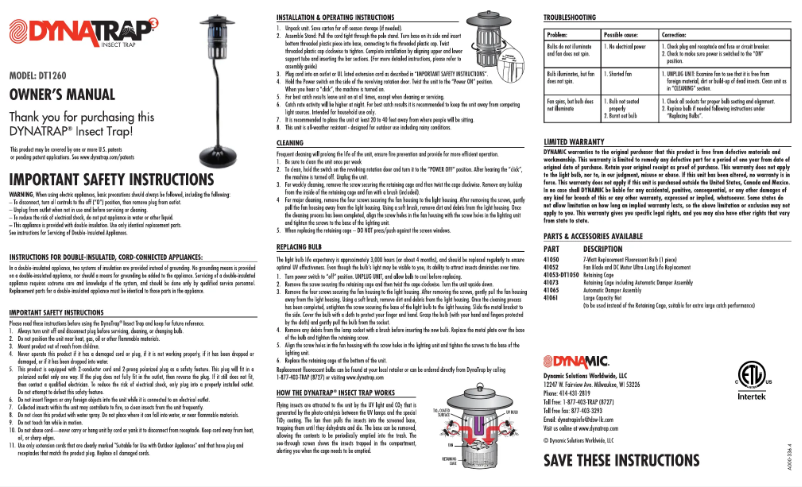 Page n°1 - Manuel utilisateur Dynatrap DT1260