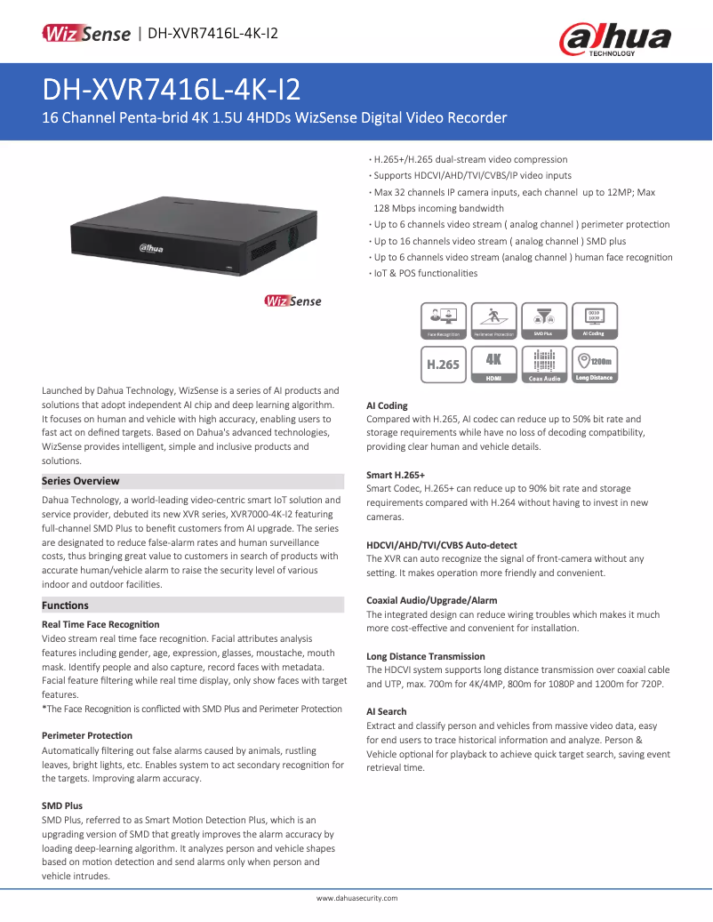 Page n°1 - Fiche technique Dahua Technology XVR7416L-4K-I2