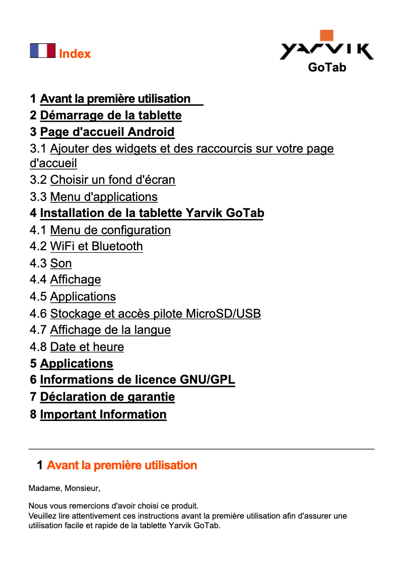 Image de la première page du manuel de l'appareil GoTab Yotta 9.7