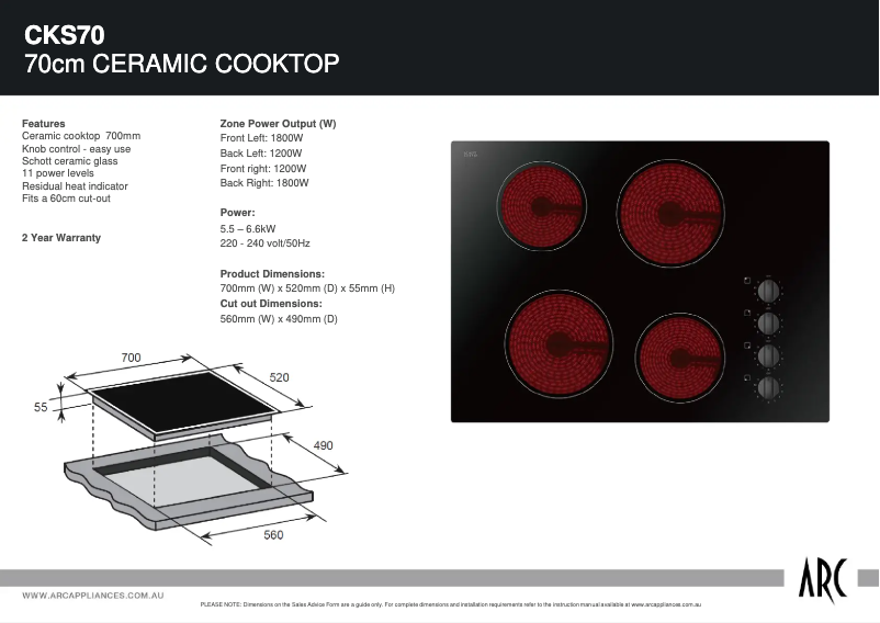 Página 1 del manual Ficha técnica ARC CKS70
