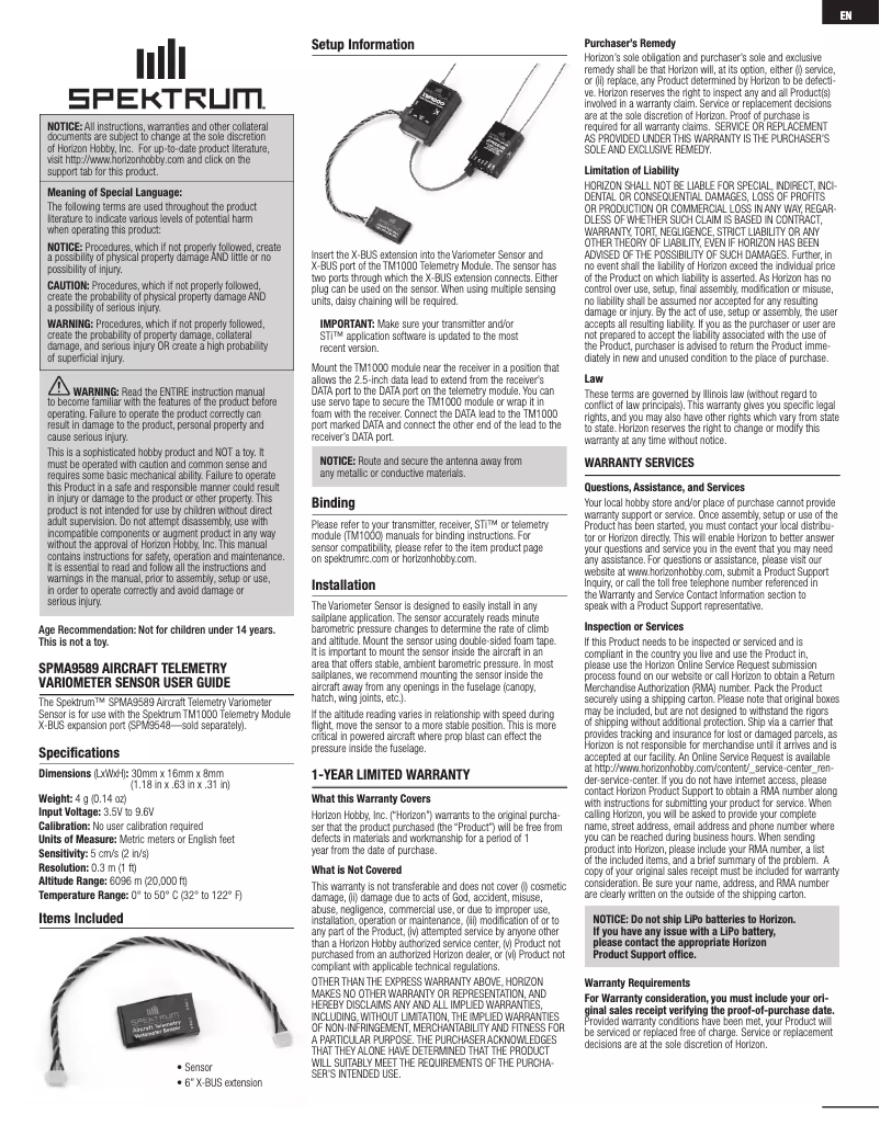 Page 1 de la notice Manuel utilisateur Spektrum SPMA9589