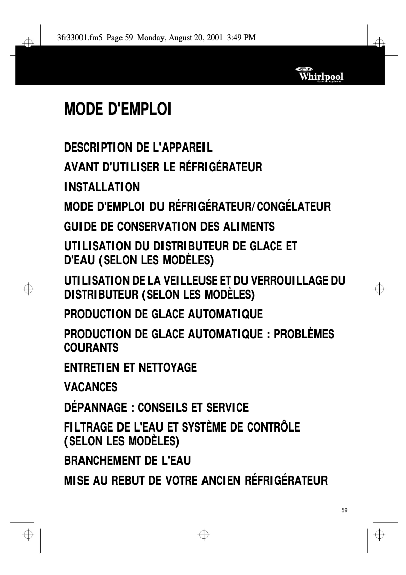 Page 1 de la notice Manuel utilisateur Whirlpool ARZ 767/SSFC