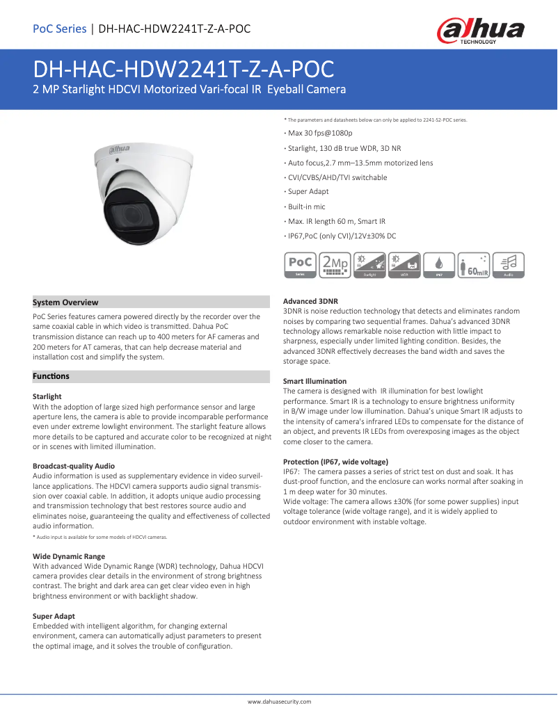 Page 1 de la notice Fiche technique Dahua Technology HAC-HDW2241T-Z-A-POC