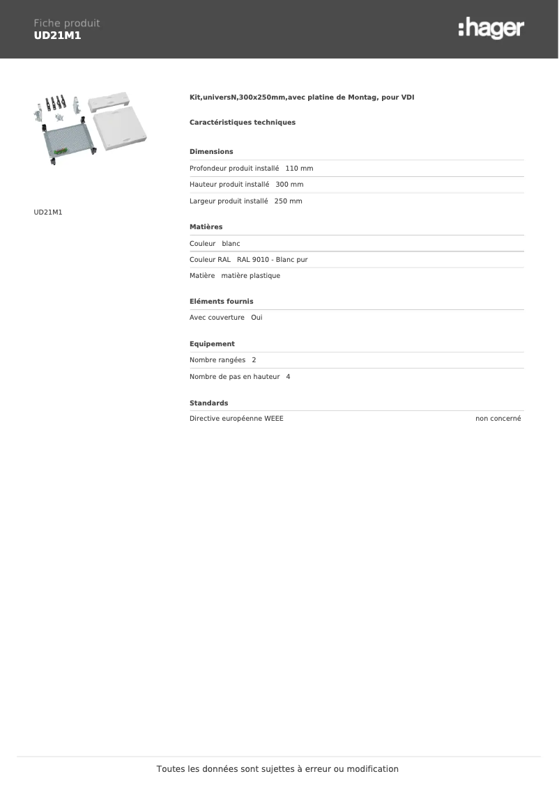 Page 1 de la notice Manuel utilisateur Hager UD21M1