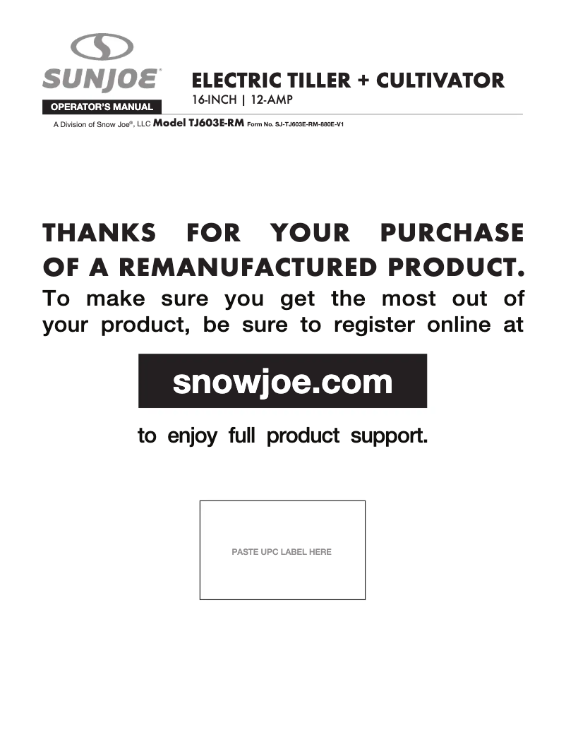 Page n°1 - Manuel utilisateur Sun Joe TJ603E-RM